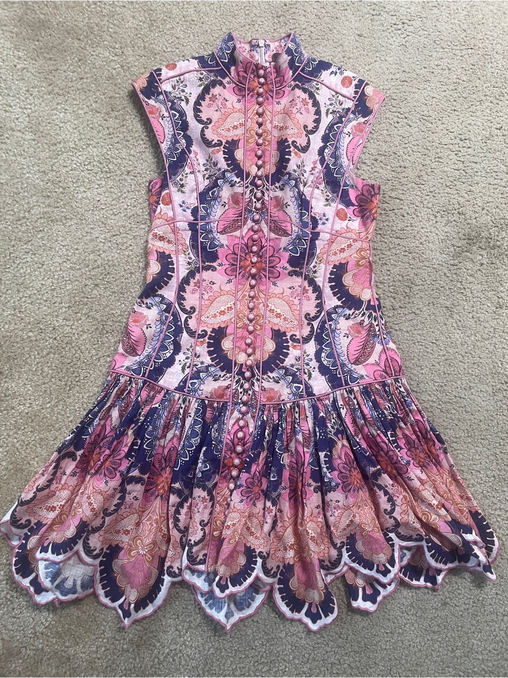 Zimmermann Sleeveless Paisley Pink & Navy Button-Front Dress